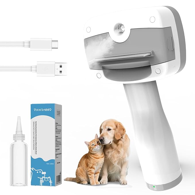 5 in 1 Pet Steam Brush for Dogs & Cats – Self Cleaning, 3 Pet Brush for Smoothing, Dematting, Thinning – Shedding, Grooming & Hair Removal, Includes Shampoo & Storage Case (7.4"-deshedding)