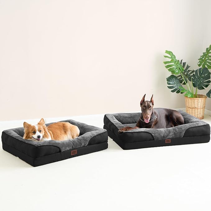 EHEYCIGA Memory Foam XXL Dog Bed for XLarge Sized, Orthopedic Dog Sofa with Sides and Waterproof Liner, Washable Bolster Pet Couch with Removable Cover, 52x41x8 Inch, Grey/Black