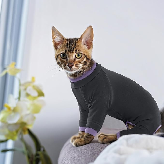 PUMYPOREITY Sticky Hair Cat Clothes, Prevent Hair Loss Cat Pajamas, Soft Cat Sweaters for Cats Only, Cat Hair Sticky Onesie, Cat Recovery Suit After Surgery, Black, XL