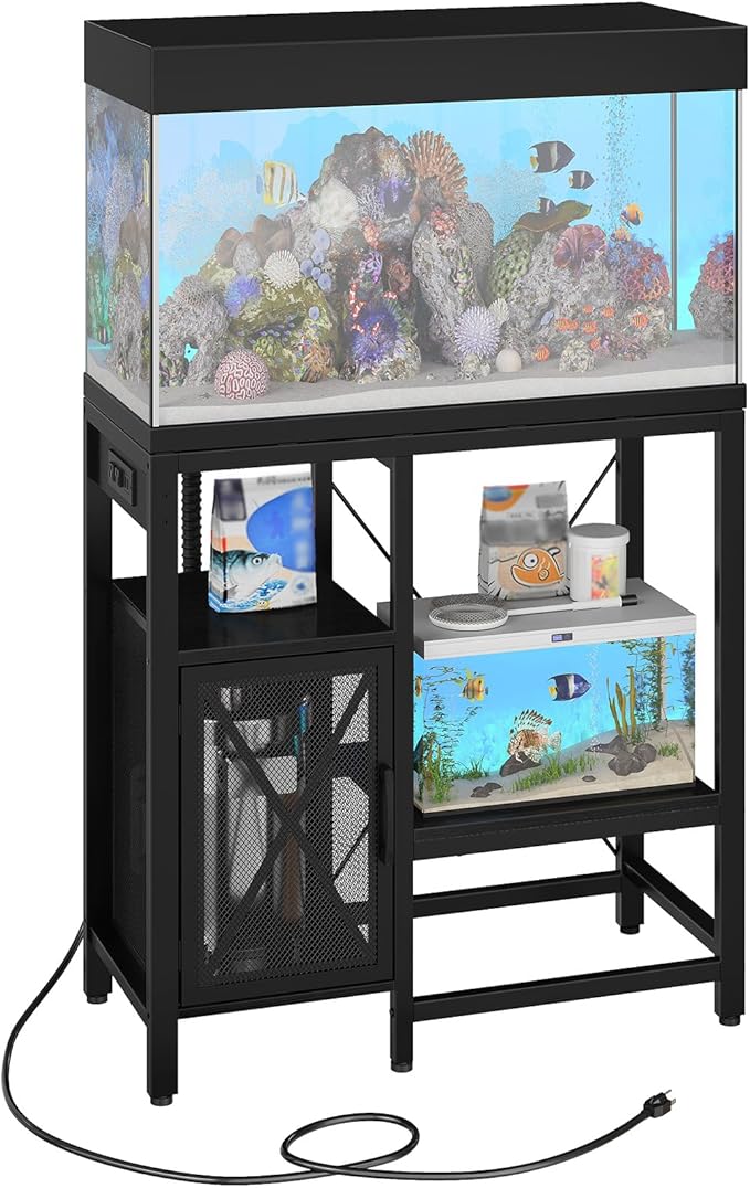 20-37 Gallon Fish Tank Stand, Aquarium Stand with Power Outlet and Storage Cabinet, Heavy Duty Tank Stand Suitable for Turtle Tank, Reptile Terrarium, for Home Office, Black FTHB40E01
