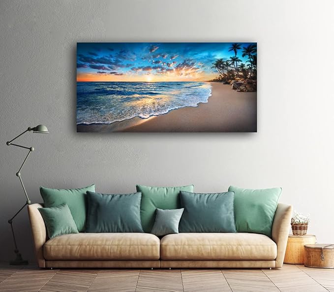 Jiuqinghua Canvas Prints Wall Art Blue Beach Ocean Landscape Paintings 1 panel Sunset Sea Waves Wall Decor Pictures Stretched and Framed for Living Room Bedroom and Office Decor Artwork 30x60inch