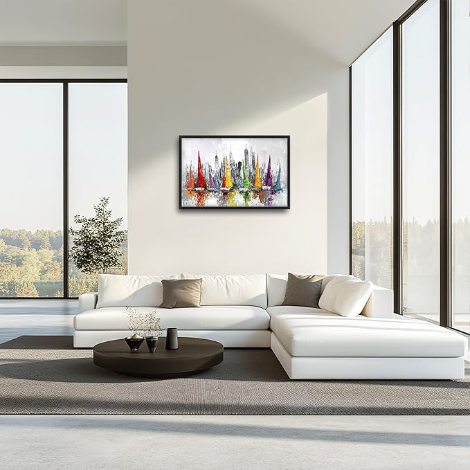 Framed Large Sailboat Wall Art for Living Room, Oversized Abstract City Wall Decor Colorful Sailboat Canvas Painting Pictures Modern Artwork for Living Room Bedroom Office Dinging Room 36"x24"