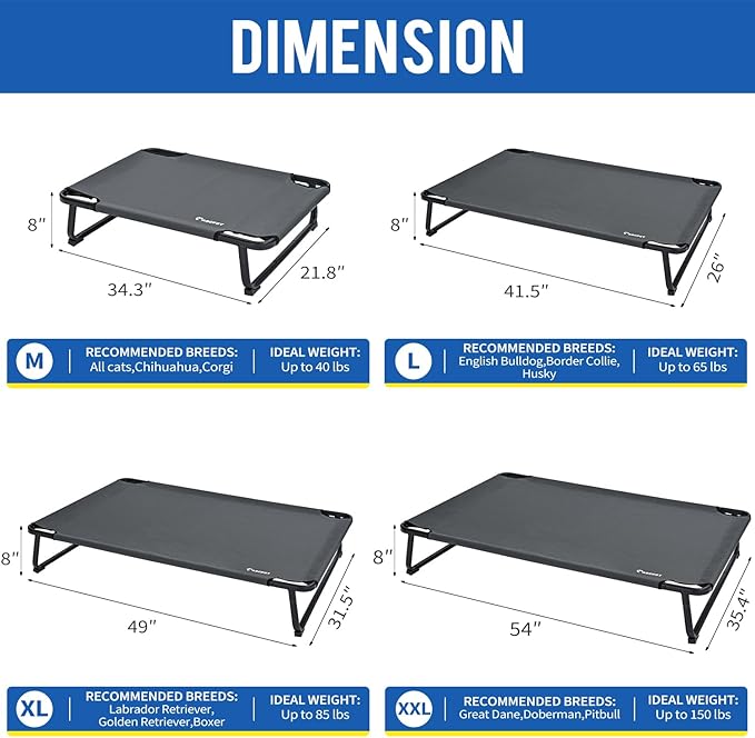 Elevated Dog Bed, Outdoor Dog Bed Large Raised Cooling Pet Beds Cots Waterproof Stable and Easy Assembly, Teslin Fabric with 1.2mm Thick Iron Frame, Breathable, Ultra-Sturdy,Grey, 42”*28“*8”