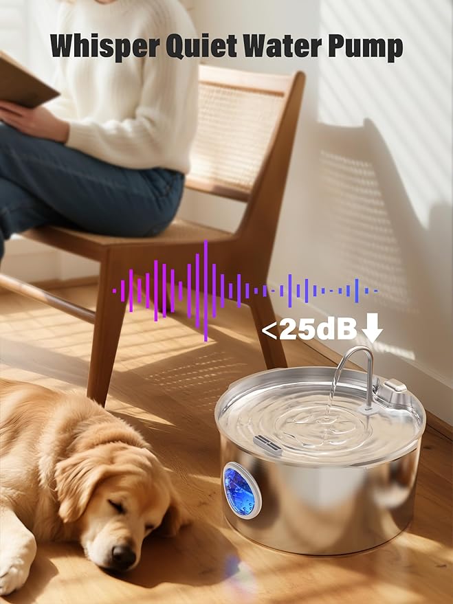 3.4Gal Dog Water Fountain for Large Dogs, Extra Large Stainless Steel Pet Water Fountain, Round Dog Water Bowl Dispenser with Metal Handle, Water Level Window, Supet Quiet Pump for Multi Pet Home