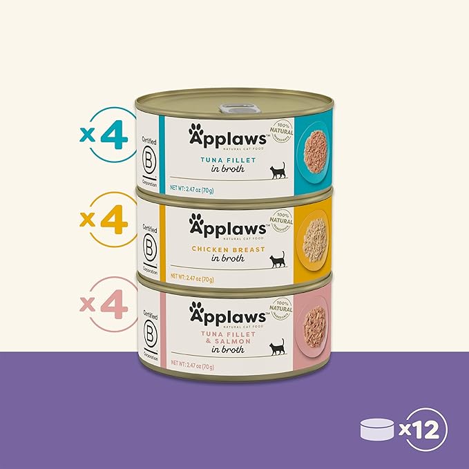 Applaws Natural Wet Canned Cat Food, Made with Limited and Natural Ingreidents, Real Protein with No Artificial Additives, Variety Pack in Broth (12 x 2.47oz Cans)