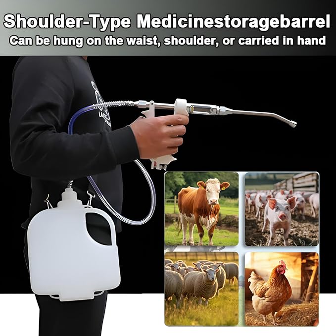 20ML Veterinary Metal Feeding Gun, Continuous Drench Gun Dosing Device Veterinary Adjustable Medicine Dispenser Husbandry Autonomous Feeding Tool, for Pig Cow, Sheep, Horse (White Color, 20ML+Kettle)