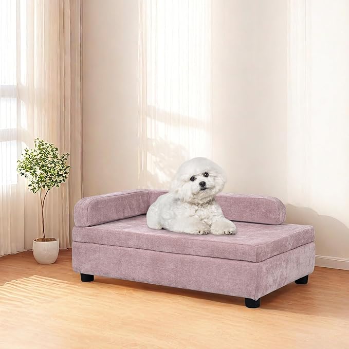AFBKSS&BB Pet Sofa with Hidden Storage for Puppy and Cat,Linen Fabric Dog Sofa,Cat Couch with Wooden Frame (Pink)