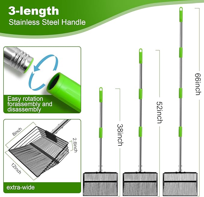 12inch Large Chicken Poop Scooper,2 Widths of Slots Litter Sifting Shovel (23 to 66"),Chicken Coop Litter Scoop with Stainless Steel Handle, 4 in 1 Multifunctional Heavy Duty Chicken Coop Accessories