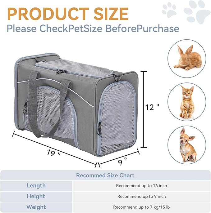 Petsfit Airline Approved Pet Carrier for Small Dogs & Cats, 19x9x12 TSA Approved Carrier, with Removable Dual-Sided Padding (2-Way Placement) - Fits Under Most Airplane Seats, Escape Proof (Gray)