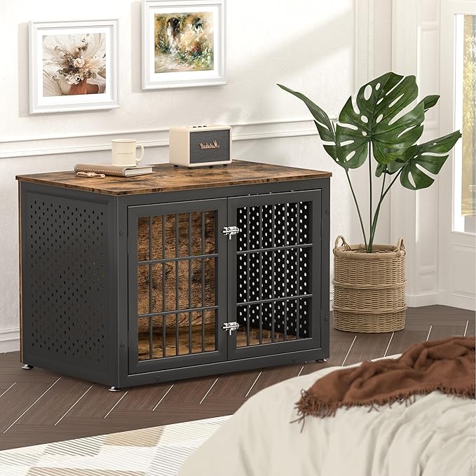 38" Heavy Duty Dog Crate Furniture for Large and Medium Dogs,Wooden Metal Kennel for High Anxiety Dogs, Chew Proof Pet Cage Indoor, Decorative Dog Kennel End Table