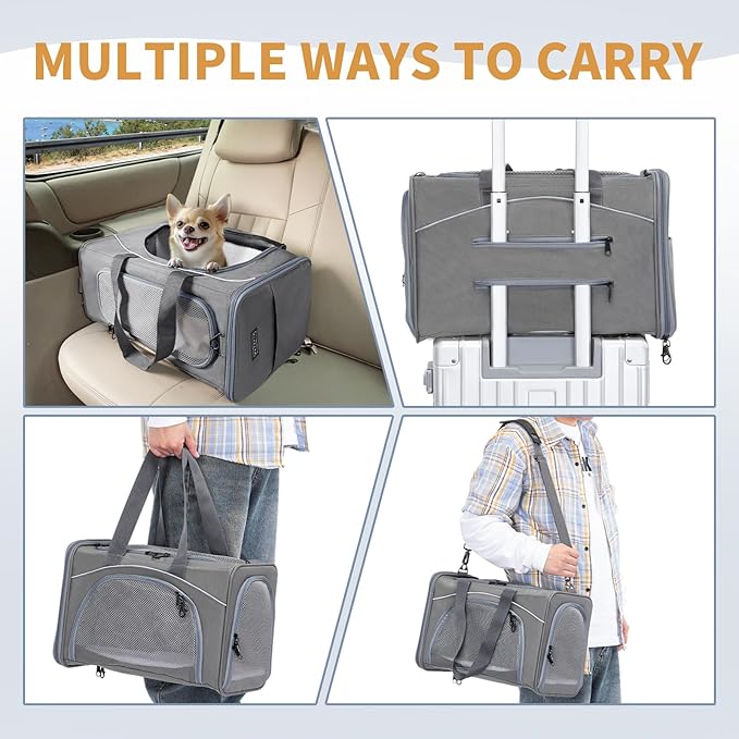 Petsfit Airline Approved Pet Carrier for Small Dogs & Cats, 19x9x12 TSA Approved Carrier, with Removable Dual-Sided Padding (2-Way Placement) - Fits Under Most Airplane Seats, Escape Proof (Gray)