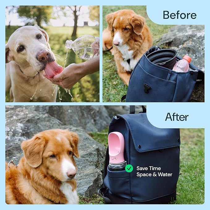 MalsiPree Dog Water Bowl Dispenser - 12 Oz, Pink - Portable Dog Water Bottle & Travel Pet Bowl - Leak Proof