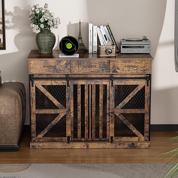 48'' Dog Crate Furniture with Removable Divider & Storage Drawers, Wooden Double Dog Cage TV Stand with 2 Sliding Barn Doors, Multi-Functional Dog Crate End Table for Indoor use (Retro Brown)