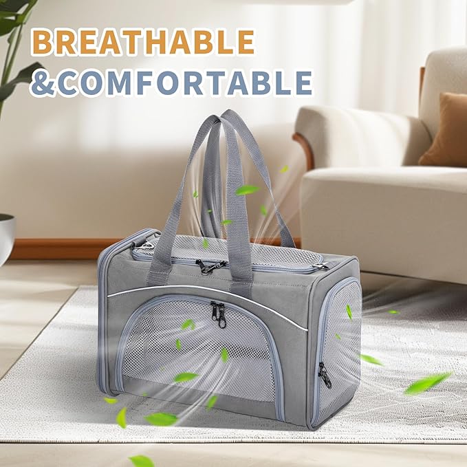 Petsfit Airline Approved Pet Carrier for Small Dogs & Cats, 19x9x12 TSA Approved Carrier, with Removable Dual-Sided Padding (2-Way Placement) - Fits Under Most Airplane Seats, Escape Proof (Gray)
