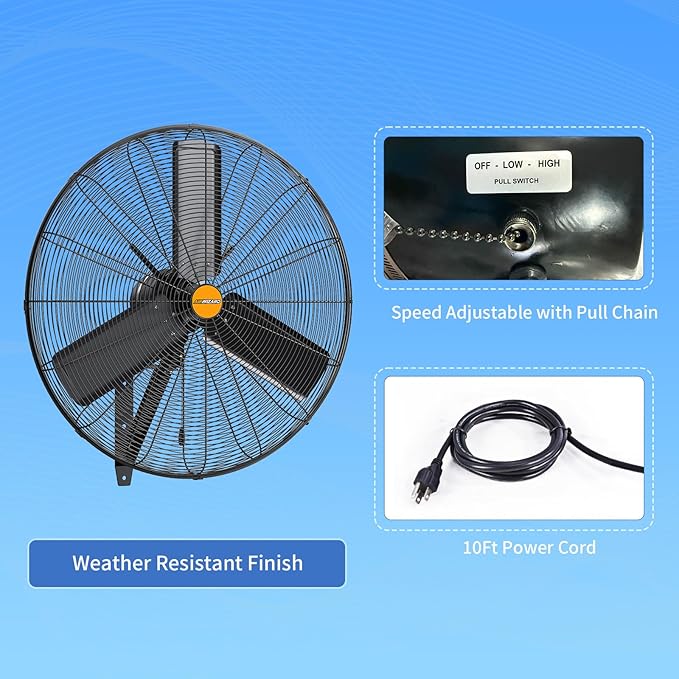 24 inch Outdoor Oscillating Wall Mounted Fan, High Velocity IPX4 Waterproof 7600 CFM Industrial Metal Wall Fan, 2 Speed, Adjustable Tilt, for Greenhouse, Patio, Garage, Workshop