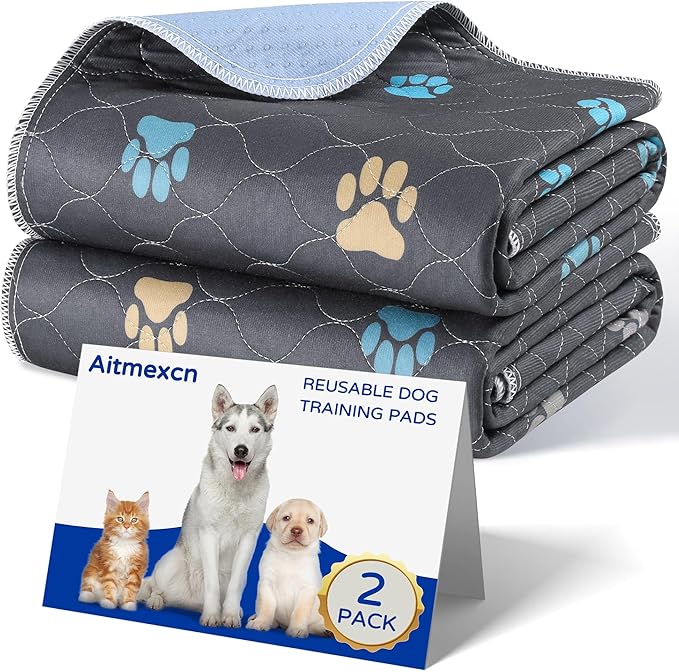 Aitmexcn Washable Dog Pee Pad, 2PCS 100% Waterproof Whelping Training Mat for Puppy/Senior, Fast Drying Reusable Pads for Indoor, Outdoor and Car Travel - 36'' x 48''