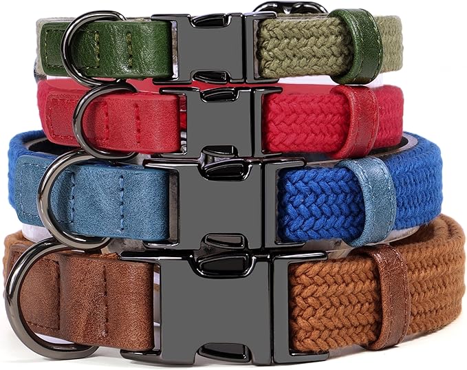 PET ARTIST Soft Cotton Dog Collar for Large Dogs in Tranquil Blue, Simple Dog Collar with Quick Release Metal Buckle & D Ring, L Size (15-23")
