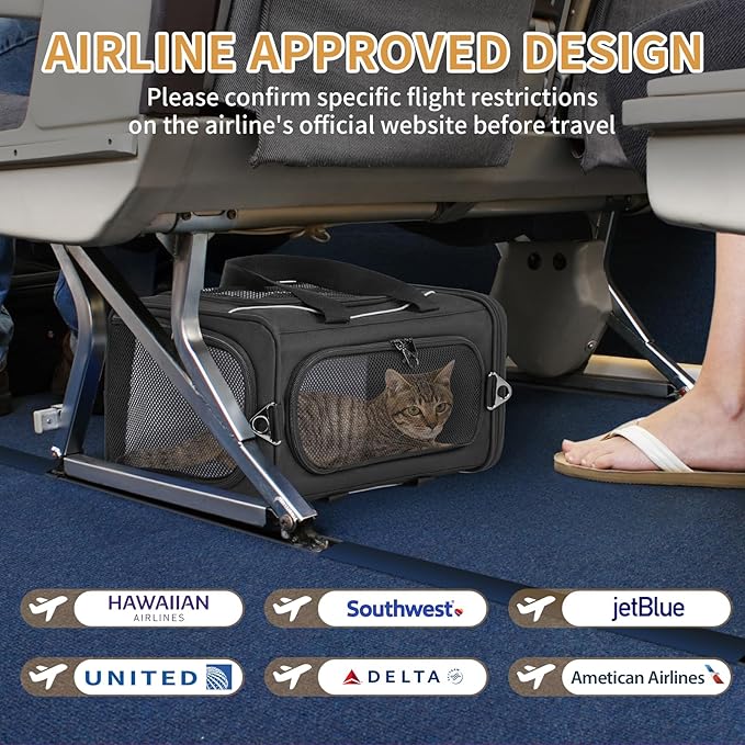 Petsfit Airline Approved Pet Carrier for Small Cats, 16.5x8.6x11 TSA Approved Carrier, with Removable Dual-Sided Padding (2-Way Placement) - Fits Under Most Airplane Seats, Escape Proof (Black)