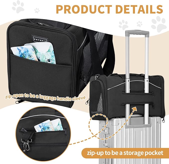 Petsfit Airline Approved Pet Carrier for Small Cats, 16.5x8.6x11 TSA Approved Carrier, with Removable Dual-Sided Padding (2-Way Placement) - Fits Under Most Airplane Seats, Escape Proof (Black)