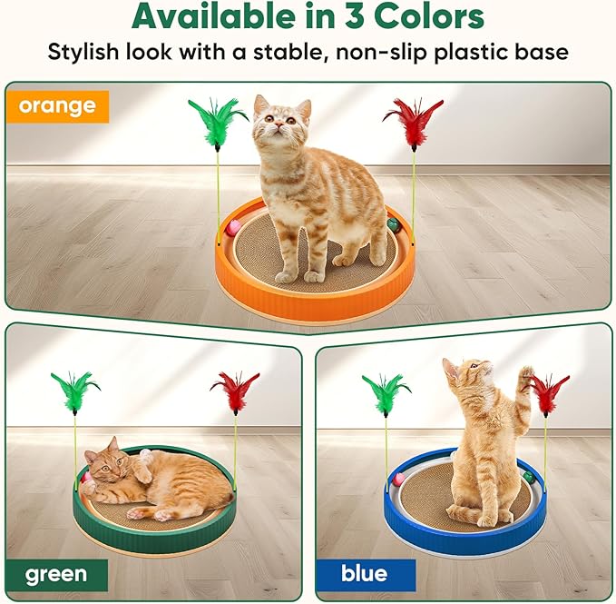 20-Inch Round Cat Scratcher with Ball Track – 3-in-1 Cardboard Scratching Pad with Feather Toy & Non-Slip Base – Interactive Cat Toy for Indoor Cats, Kittens & Large Cats (Green)