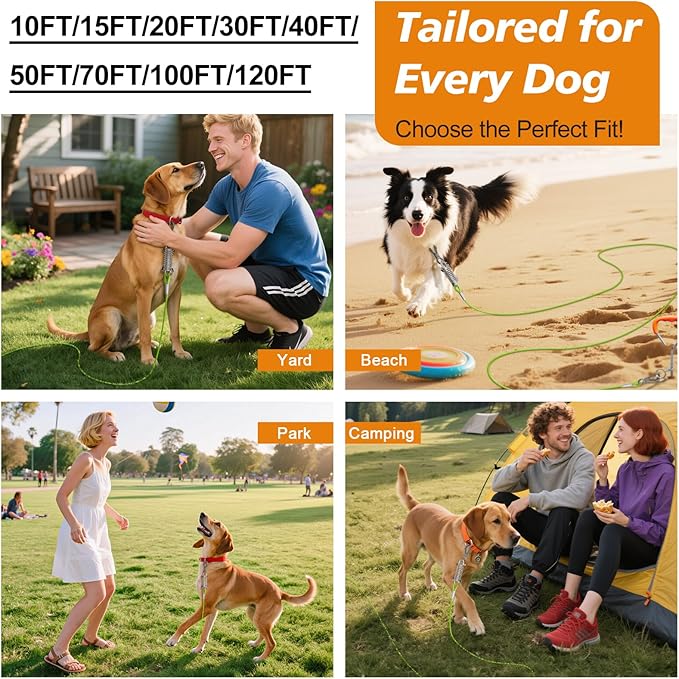 Tresbro 100FT Dog Tie Out Cable with Spring, Shock Absorbing Tether Chains for Outside Aavilable in 10/15/20/25/30/40/50/70/100/120 FT, Heavy Duty Leads for Yard for Medium & Large Dogs Up to 500 LBS