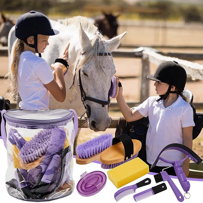 9 Pieces Horse Grooming Kit Tack Room Supplies Set with Organizer Tote Bag, Oval Massage Curry, Hard and Soft Brush, Hoof Pick, Sweat Scraper, Bathing Sponge, Combs for Horse Riders Beginners (Purple)