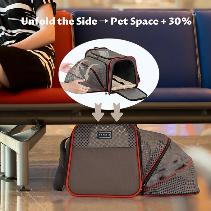 Petsfit Expandable Cat Carrier Dog Carriers,Airline Approved Soft-Sided Portable Pet Travel Washable Carrier for Kittens,Puppies,Removable Soft Plush mat and Pockets,Locking Safety Zippers