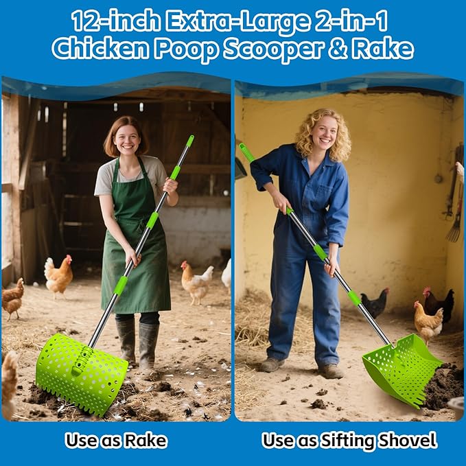 12-Inch 2-in-1 Chicken Poop Scooper & Rake – US Patent Pending – 3-Shape Sifting Holes Chicken Coop Rake,Stainless Steel Handle (20–61")– Litter Scoop Sand & Sifting Shovel for Chicken Coops(Green)