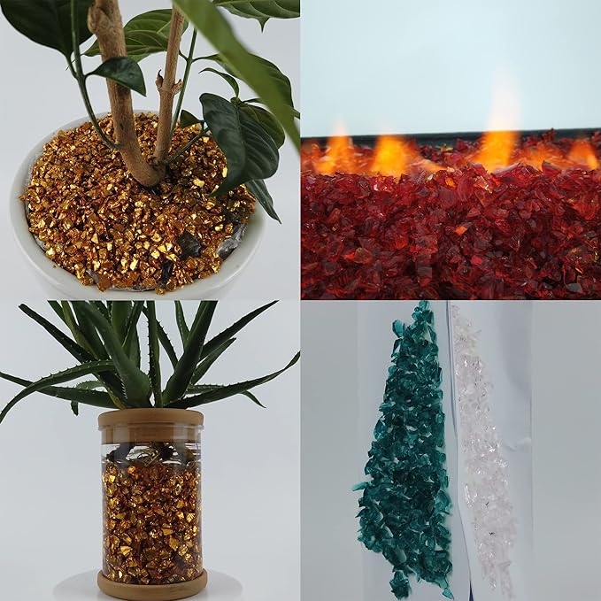 TWINKLING High Luster Fire Glass Gravel Stone Glitter,Broken Glass,Fire Gems Chips,Crushed Glass for Fire Pit Crafts Resin Art Aquarium Garden Decoration,3-6mm,1-Pound Jar (White-Backing Mirror)