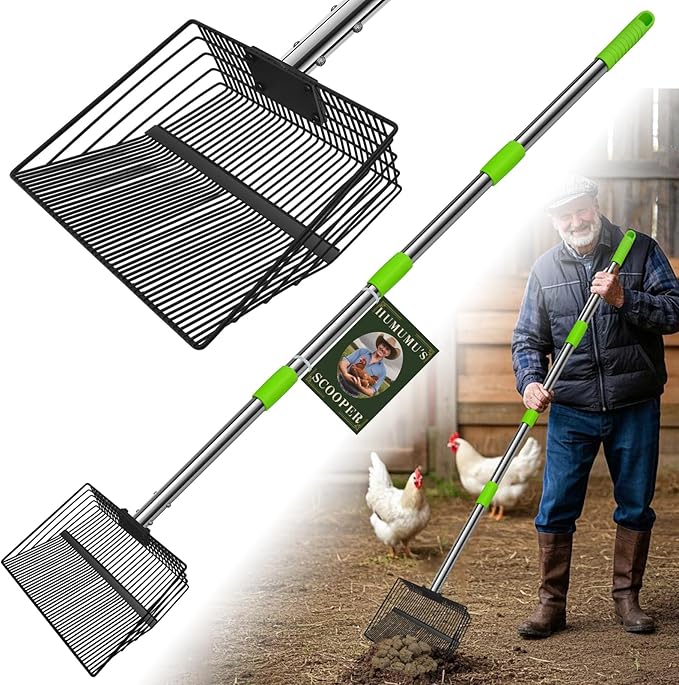12inch Large Chicken Poop Scooper,2 Widths of Slots Litter Sifting Shovel (23 to 66"),Chicken Coop Litter Scoop with Stainless Steel Handle, 4 in 1 Multifunctional Heavy Duty Chicken Coop Accessories