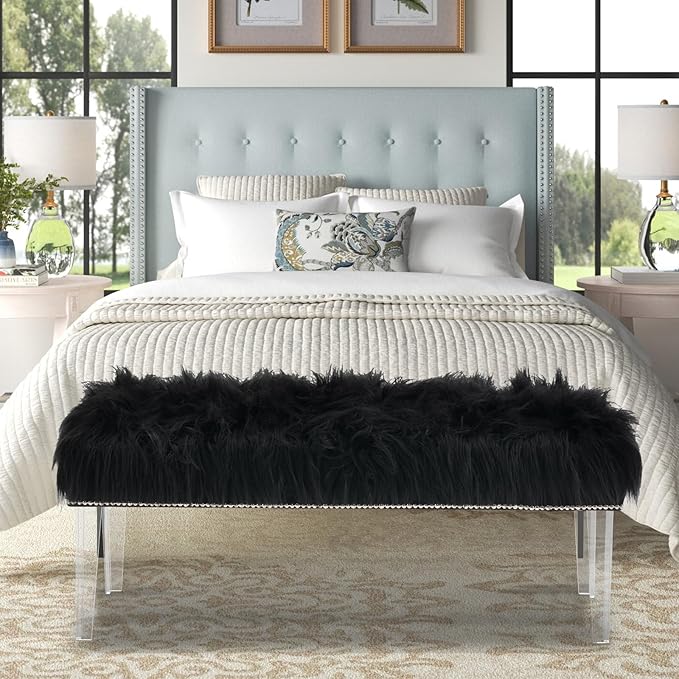 46 Inch Black Bedroom Bench, Benches for Bedroom White Faux Fur Upholstered Bed end Bench, Tufting Bench Indoor Bench with Acrylic Legs for Living Room Bedroom Dining Room Entryway, Black