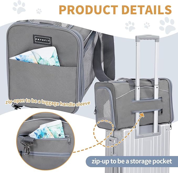 Petsfit Airline Approved Pet Carrier for Small Dogs & Cats, 19x9x12 TSA Approved Carrier, with Removable Dual-Sided Padding (2-Way Placement) - Fits Under Most Airplane Seats, Escape Proof (Gray)