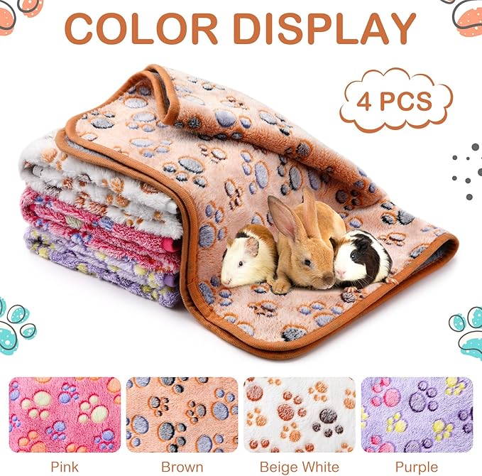 4 Pcs Waterproof Guinea Pig Blankets Washable Small Animal Fleece Bedding Absorbent Guinea Pig Cage Liners Reusable Pet Pee Pad Sleep Mat Pad Cover for Hamster Ferret (Paw Print, 28 x 56 Inch)