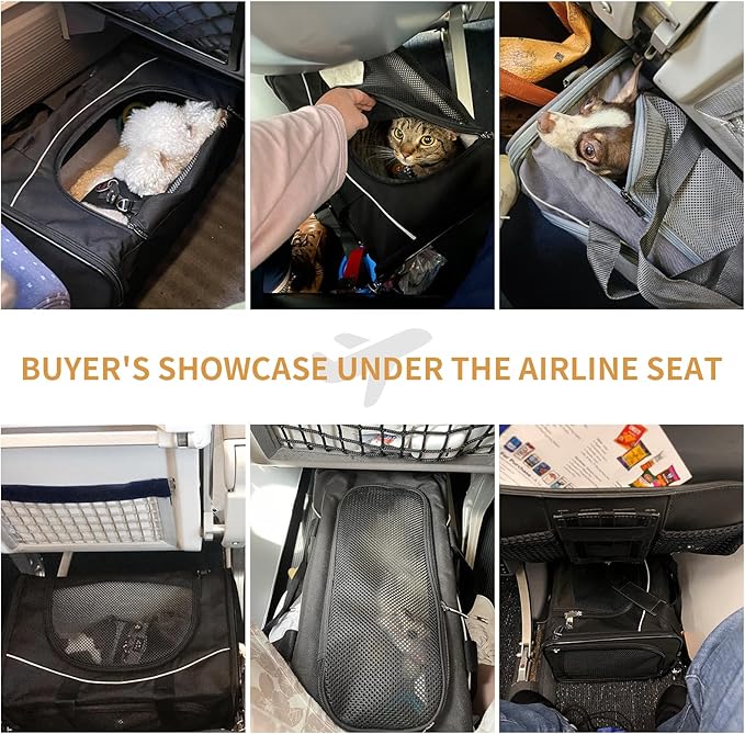 Petsfit Airline Approved Pet Carrier for Small Cats, 16.5x8.6x11 TSA Approved Carrier, with Removable Dual-Sided Padding (2-Way Placement) - Fits Under Most Airplane Seats, Escape Proof (Black)