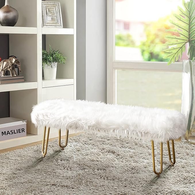 42.5Inch White Bedroom Bench, Benches for Bedroom White Faux Fur Upholstered Bed end Bench, Tufting Bench Indoor Bench with Metal Legs for Living Room Bedroom Dining Room Entryway