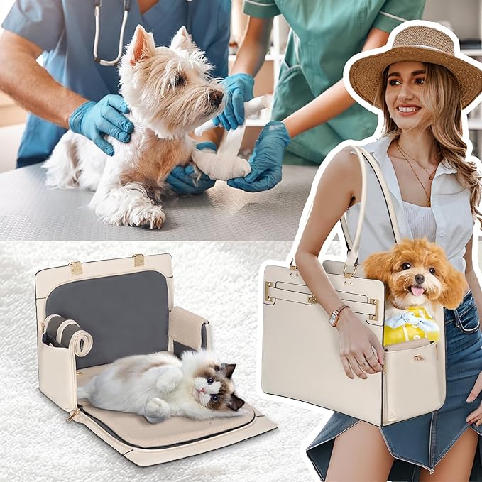 2-in-1 Stylish Dog Purse Carrier Soft-Sided Carriers Travel Tote Bag for Small Dogs Cats, Fashion Foldable Pet Bag for Puppies Small Animals with Pockets (White, 15" L x 7.5" W x 12.2" H)
