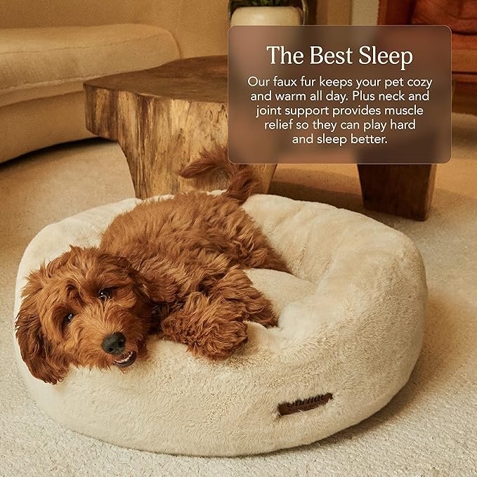 UnHide Floof Pet Bed - Small (23" x 8") - Extra Soft Dog Bed - Removable Faux Fur Cover - Machine Washable - Helps Ease Pet Anxiety & Provides The Perfect Sleep - Beige Bear