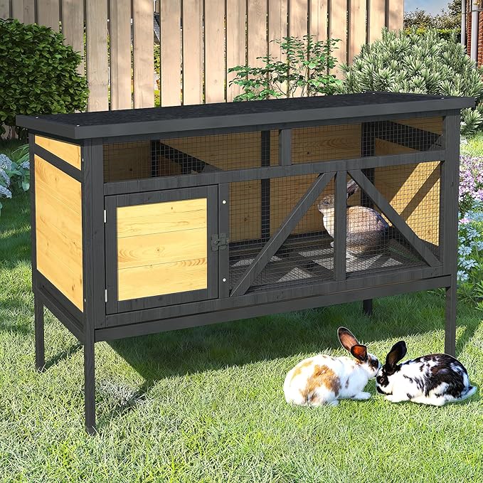 46.7" Rabbit Cage Elevated Bunny Cage Indoor, Outdoor Rabbit Hutch Hamster Cages for Small Animals, Wooden Guinea Pig Cages with Removable Tray & Waterproof Asphalt Roof & Bottom Wire Mesh