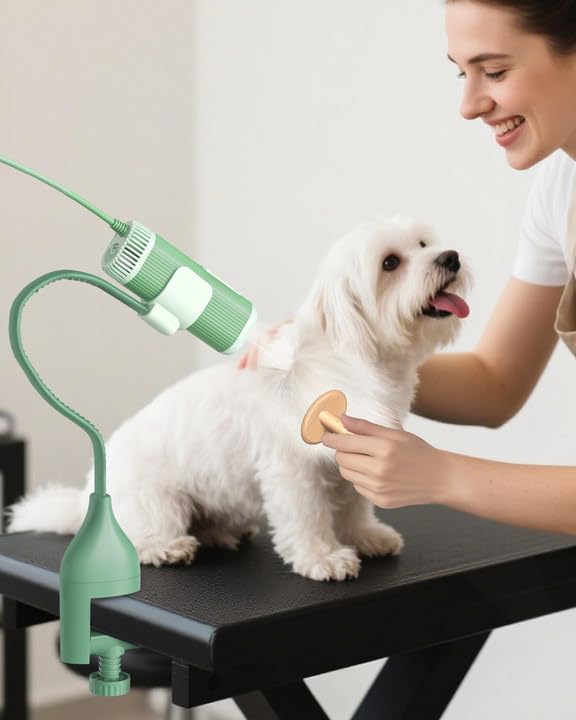 2-in-1 Hands-Free Dog Hair Dryer with Table Clamp – Low Noise Pet Grooming Dryer for Dogs & Cats, Adjustable Heat & Speed, Wearable or Desktop Use(Green)
