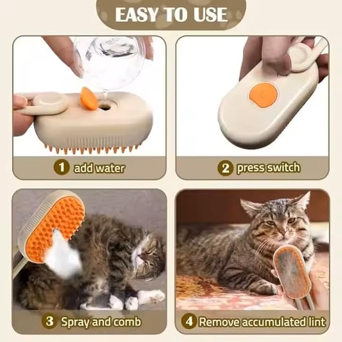 3-in-1 Steam Pet Brush for Cats & Dogs – Self-Cleaning Grooming Comb with Spray Mist, Massage & Shedding, Rechargeable USB, Anti-Static, Foldable Handle (TAN)
