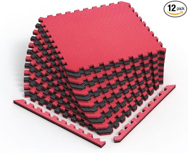 Norsk Reversible Gym Exercise Mats 3/4" Thick EVA Interlocking Foam Tiles, Perfect Gym Flooring for Home Gym, 4 Tiles & 8 Trim Pieces, 16 Sq. Ft. 24"x24", Red/Black