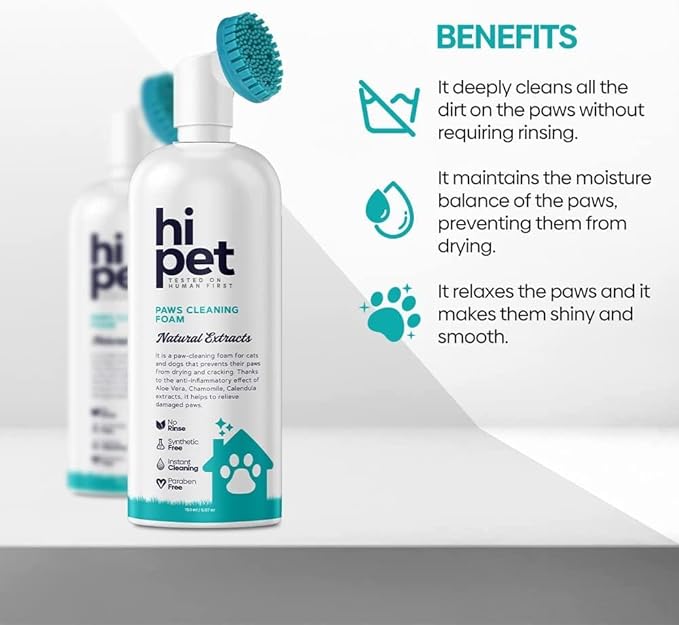Hi Pet Dog Paw Cleaner Foam with Built-in Paw Scrubber Brush, Paw Cleaner for Dogs and Cats, Cat and Dog Paw Moisturizer, Effortless and Easy-to-Use Bottle Design Dog Feet Cleaner, 5.07 Fl Oz