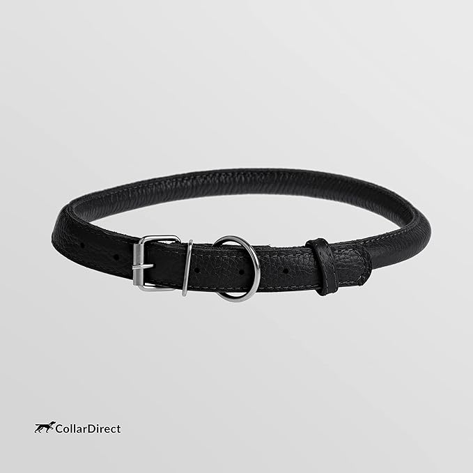 CollarDirect Rolled Leather Dog Collar, Soft Padded Round Puppy Collar, Handmade Genuine Leather Collar Dog Small Large Cat Collars 13 Colors (8-11 Inch, Black Textured)