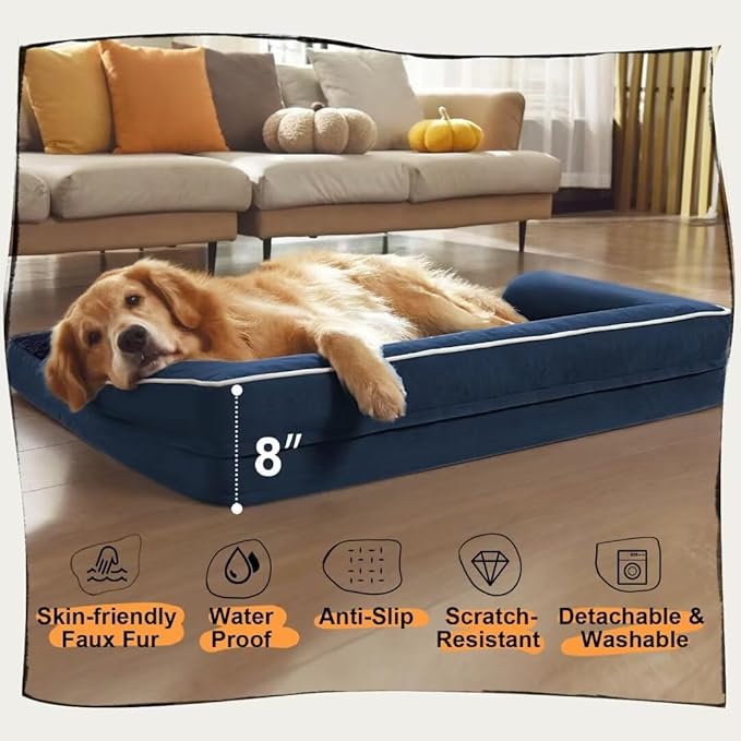 Large Dog Bed Orthopedic Washable - Waterproof with Removable Cover - Memory Foam - Beds Bolster Pet - Couch Sofa - XXL Large Big Dogs - Navy Blue Dog Bed