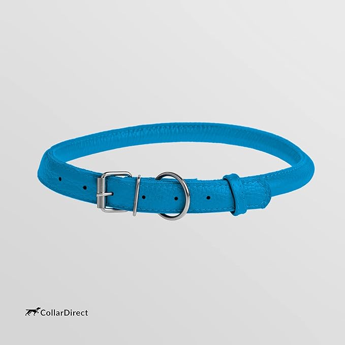 CollarDirect Rolled Leather Dog Collar, Soft Padded Round Puppy Collar, Handmade Genuine Leather Collar Dog Small Large Cat Collars 13 Colors (8-11 Inch, Light Blue Textured)