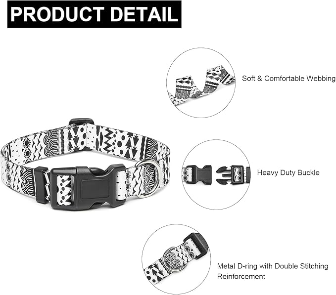 Mercano Adjustable Dog Collar - Special Design Patterns, Soft Nylon Comfortable Durable Pet Collar for Small Medium Large Dogs (XS, Black White B)
