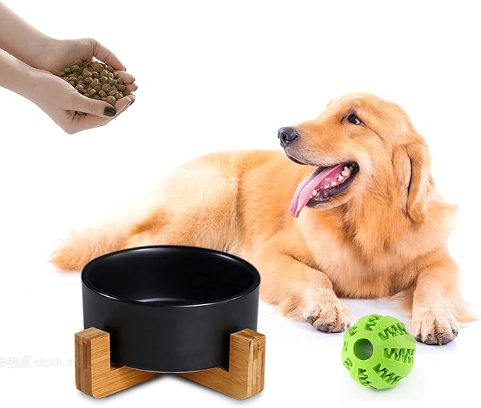 Petygooing Dog Bowls,Black Ceramic Cat Dog Bowl Set with Wood Stand for Food and Water,Non-Slip Cute Modern Pet Dish Set for Cats Small and Medium Dogs (28OZ/6.1 in)