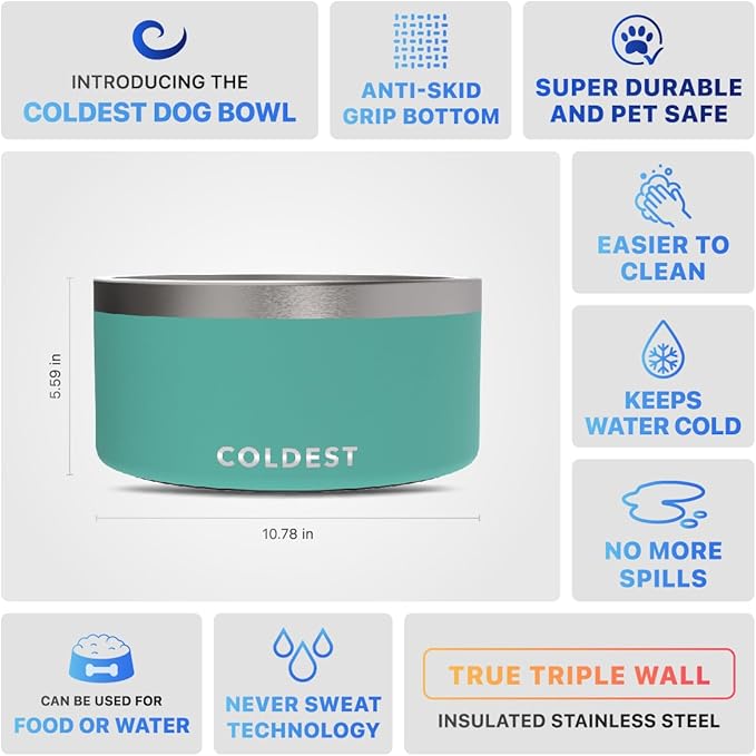 Coldest Dog Bowl - Anti Rust Metal, Non Slip, 3 Layers Insulated Stainless Steel Dog Bowls - Spill Proof & Heavy Duty - Water Bowl for Dogs, Cats & Pets, Dish Washer Safe (200 oz, Terraform Green)