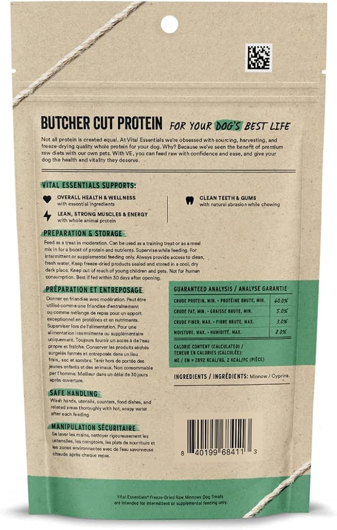 Vital Essentials Minnows Dog Treats, 1 oz | Freeze-Dried Raw | Single Ingredient | Premium Quality High Protein Training Treats | Grain Free, Gluten Free, Filler Free