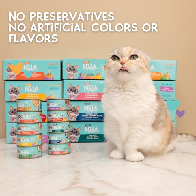 LOVE, NALA - Natural Adult Cat Wet Food - FLAKED Variety Pack - Salmon, Tuna, Chicken - Grain Free, Non-GMO, Lean Protein, Omega 3, Digestive Fiber Blend, Added Minerals & Vitamins - 12 Pack